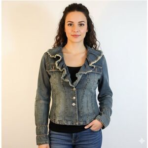 Parasuco Ergonomic jeans Denim Jacket Ruffled Jean Coat Rhinestones SZ L